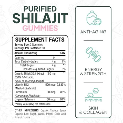 Organics Ocean - Shilajit para Homens e Mulheres – Suplemento Natural de Shilajit com Vitamina B12, Cromo e Selênio para Energia, Suporte Hormonal e Mais – 60 Gomas de Shilajit