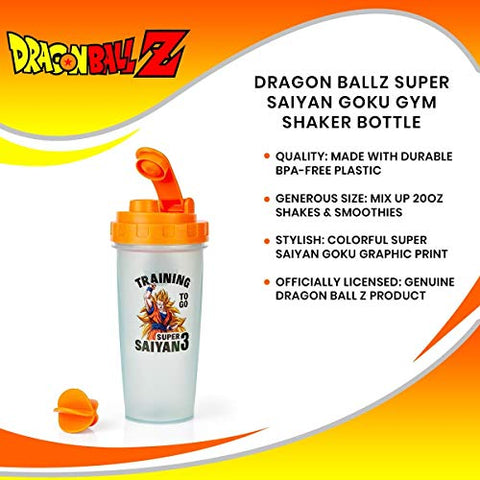 Garrafa Shaker Dragon Ball Z Super Saiyan Goku – 600ml Blender Bottle de Plástico Livre de BPA com Esfera Misturadora – Shake de Proteína, Substituto de Refeição, Mixer de Smoothie – Treino na Academia
