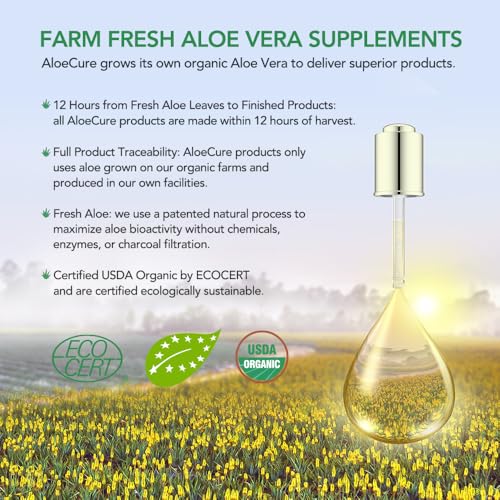 AloeCure Suco de Aloe Vera Orgânico USDA Sabor Natural – Puro Suco de Aloe Natural para Equilíbrio Estomacal, Digestão e Sistema Imunológico – Feito em até 12 horas da colheita