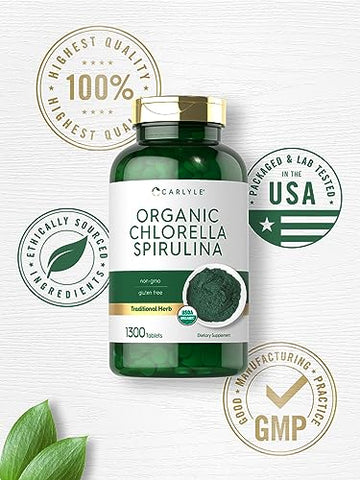 Chlorella Spirulina Orgânica em Comprimidos | 1300 Unidades | Mistura 50/50 | Livre de Transgênicos e Glúten - Carlyle