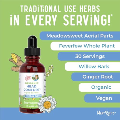 MaryRuth Organics - MaryRuth’s Extrato Líquido de Ervas para Alívio da Cabeça Orgânico USDA | Raiz de Gengibre | Casca de Salgueiro | Planta Inteira de Tanaceto | Rainha-dos-prados | Ervas Tradicionais | Não-OGM | Vegano | 30ml