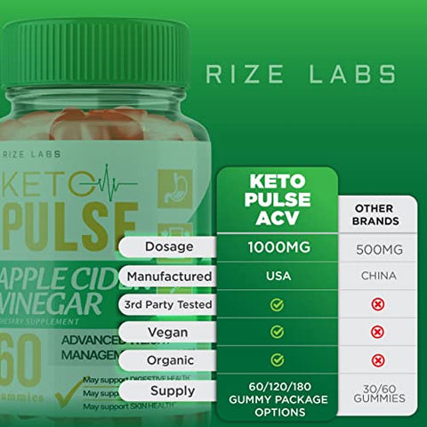 rize labs - (2 Pacotes) Gomas Keto Pulse – Gomas Keto Pulse ACV para Perda de Peso com Ingredientes Orgânicos Vinagre de Maçã Fórmula Avançada Keto ACV Ativa Plus Gomita (120 Gomas)