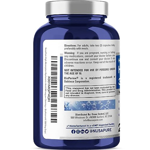 Ácido Hialurônico 300mg 250 Cápsulas Vegetais (Sem OGM, Sem Glúten) - NusaPure