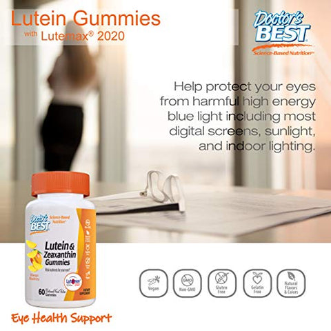 Doctor's BEST - Gomas de Luteína Doctor’s BEST com Lutemax 2020, 60 unid, Suplemento Natural Mastigável para Suporte Ocular, Luteína de Calêndula, Zeaxantina, Saúde Ocular