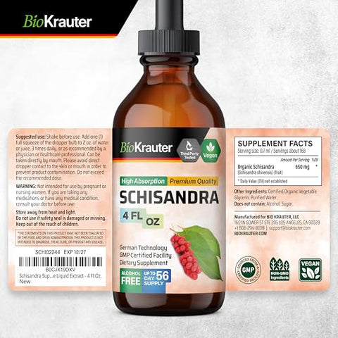 BIO KRAUTER - Schisandra Berry Drops – Extrato Natural de Schisandra para Suporte de Humor – Livre de Álcool – Extrato de Schisandra Chinensis Sem Açúcar – Tintura Vegana de Schisandra 118 ml