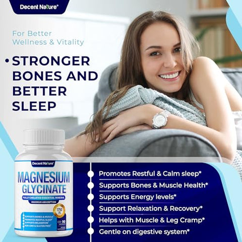 DECENT NATURE - Magnésio Glicinato 525mg – Suplemento de Magnésio Elemental Quelado para Alta Absorção – Marca: Magnésio Glicinato 525mg