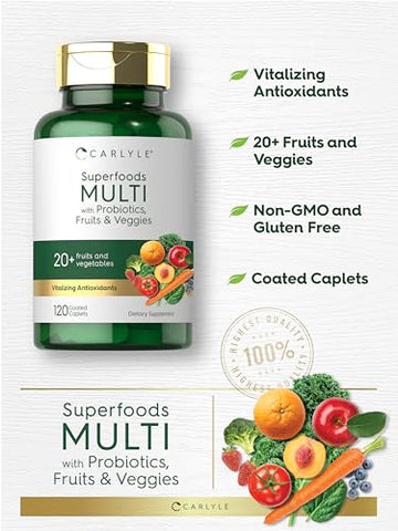 Suplemento de Frutas e Vegetais | 120 Unidades | Multivitamínico Superfood com Probióticos | Feito com 20 Frutas e Vegetais | Não-OGM - Carlyle
