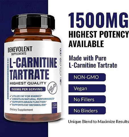 Benevolent Nourishment - Suplemento Premium de L-Carnitina Tartarato – 1500mg – Utilize Gordura como Energia com Tartarato, Ganho de Massa Muscular Magra, Aumente a Energia Natural, Suporte ao Metabolismo – Marca em Destaque