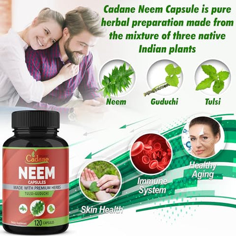 Organic Cadane - Suplemento de Folha de Neem Orgânico Cadane 2250 mg com Manjericão Sagrado Tulsi, Guduchi, 120 Cápsulas Vegetais | Suporta o Sistema Imunológico | Pó Puro Fresco de Folhas de Ervas