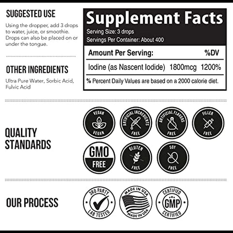 Triquetra Health - Nascent Iodine 400 Servings – Frasco de Vidro, Vegano, 1800 mcg – 600 mcg por Gota – Puro, Cor Transparente – Suporta a Saúde da Tireoide, Energia, Imunidade