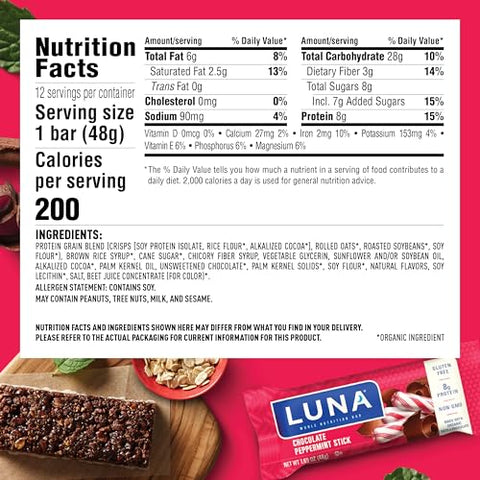 Luna Bar - LUNA Bar Chocolate Peppermint Stick – Sem Glúten – Não-OGM – 7-9g Proteína – Feito com Aveia Orgânica – Baixo Índice Glicêmico – Barras de Lanche Nutritivas – 48g (12 Unidades)