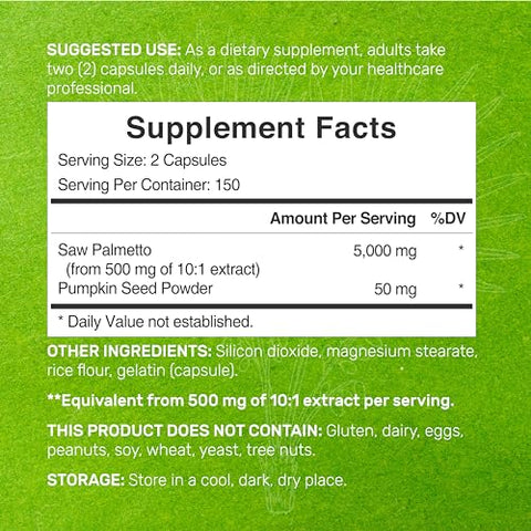 DEAL SUPPLEMENT - Saw Palmetto 5000mg com Semente de Abóbora, 300 Cápsulas | Saúde da Próstata | Bloqueador de DHT | Vitaminas para o Crescimento Capilar, Manutenção da Frequência Urinária Normal