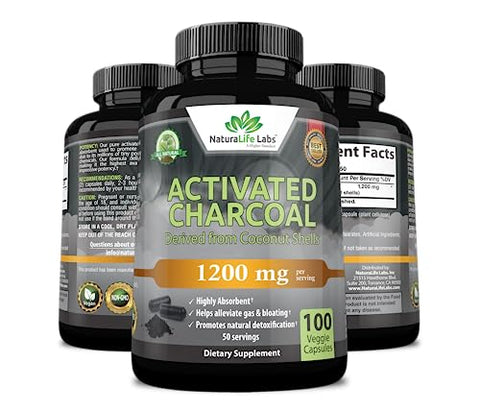 NaturaLife Labs A Higher Standard - Cápsulas de Carvão Ativado – 1.200 mg Altamente Absorvente Ajuda a Aliviar Gases