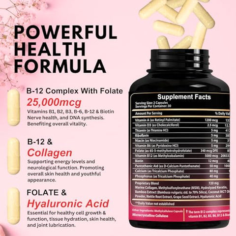 VITBOOST - B12 com Ácido Hialurônico, Colágeno e Folato – 25000 mcg Suplemento de B12 Metilcobalamina | Maximiza Absorção | Marca: Maximize