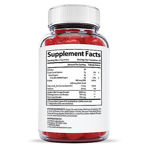 Justified Laboratories - Xslim Gummies Extreme Formula 2000MG ACV Keto Vegan Non GMO com Suco de Romã, Beterraba e B12 60 Gummys