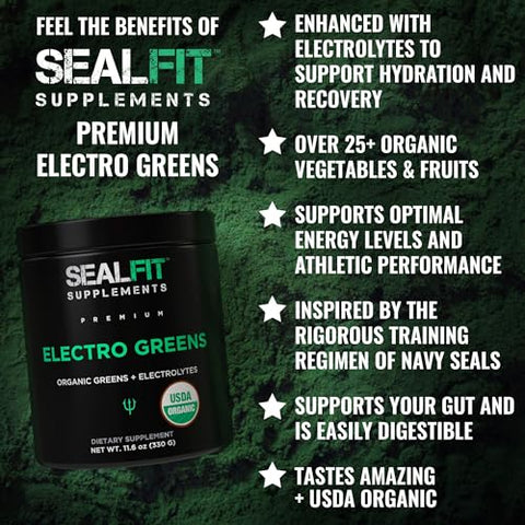 SEALFIT Supplements - SEALFIT ElectroGreens – Pó de Eletrólitos Superfood de Verdes Orgânicos Certificados pelo USDA. 25 Superalimentos para Energia e Hidratação. Suco Verde Super e Pó de Eletrólitos Inspirado por Ex