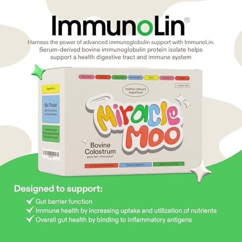 Miracle Moo - Suplemento de Colostro para Saúde Intestinal, Crescimento Capilar, Beleza e Suporte Imunológico – Pó Bovino de Pasto Fácil de Misturar – Maior IgG Plus ImmunoLin (30 Porções, Stick Packs), Laranja