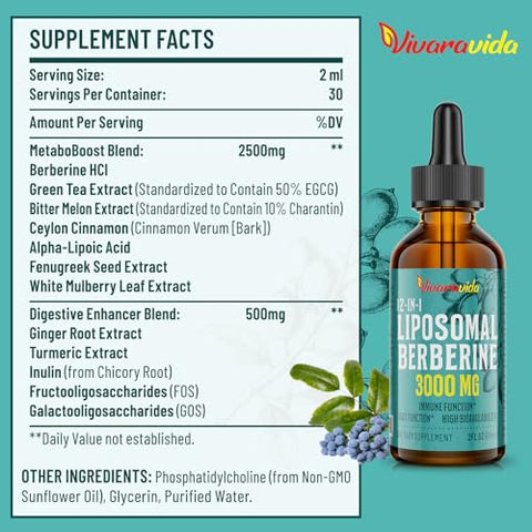 Vivaravida - Berberine HCl Drops 3000 mg – Líquido Liposomal de Berberina HCl – Ativador AMPK com Cúrcuma, Canela do Ceilão, 12 Ingredientes Naturais – 60 ml