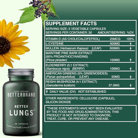 BetterLungs | Suplemento Diário para Saúde Respiratória (60 Cápsulas) | com Vitamina D, Sabugueiro, Ginseng, Verbascum e Cogumelo Reishi | para Saúde Pulmonar e Alergias | - Betterbrand