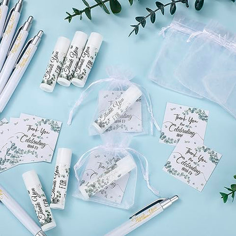 Heigble - Conjunto de 50 Presentes a Granel de Agradecimento Inclui Bálsamos Labiais, Caneta Esferográfica de Apreciação, Cartão de Agradecimento, Bolsa de Presente de Organza com Cordão para Casamentos, Festas de Chá de Bebê e Lembrancinhas