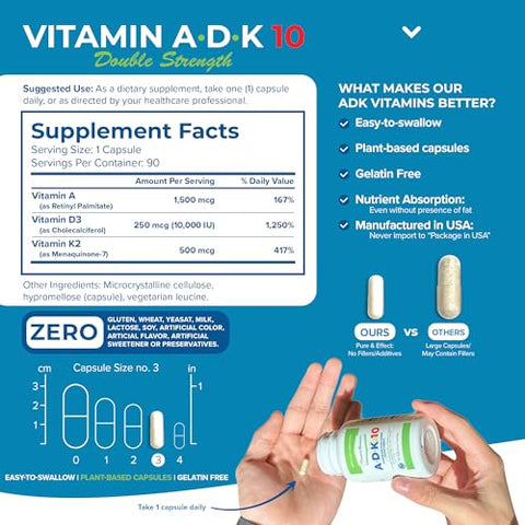 Suplemento Vitamínico ADK 10 de Alta Potência com Vitaminas A, D3 10.000 UI - Power By Naturals