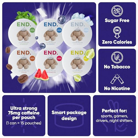 Pouches de Cafeína: 75mg de Energia Natural, 12 Sabores Naturais, Pouches Livres de Tabaco e Nicotina, Energia para Levar, Zero Açúcar, 15 Pouches de Café por Lata (Pack com 6,…) - END