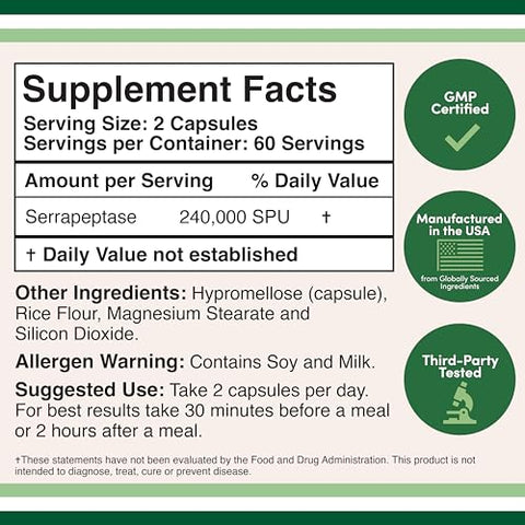 Double Wood Supplements - Serrapeptase 240,000 SPU Max Potency – Cápsulas Vegetais (120) Enzima Proteolítica para Saúde Sinusal, Respiratória e Articular – Double Wood
