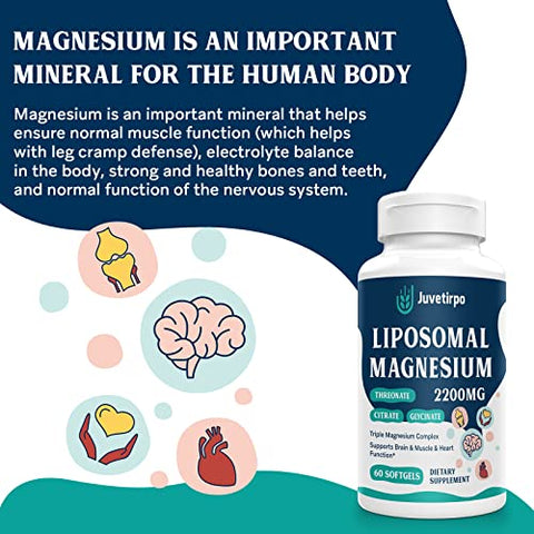 Juvetirpo - Liposomal Magnesium Complex 2200MG Softgels – Threonate, Glycinate, Citrate – Poderoso Suplemento, Livre de Glúten – 60 Softgels (Pacote com 3, Total 180)