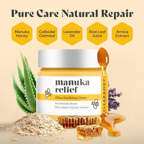 Clearbody Organics - Creme Clearbody Manuka Honey para Eczema – Hidratante Orgânico de Mel para Aliviar Pele Seca e com Coceira – Loção de Mel e Aveia Coloidal para Eczema, Fórmula à Base de Plantas