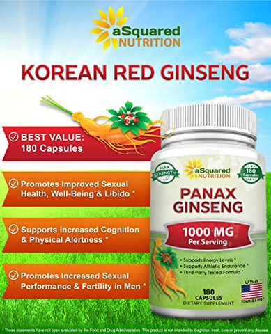 Ginseng Coreano Vermelho Panax (1000mg Máxima Potência) 180 Cápsulas Extrato de Raiz Complexo, Suplemento em Pó Asiático, Alta Dosagem de Ginsenosídeos em Sementes, Comprimidos de - aSquared Nutrition