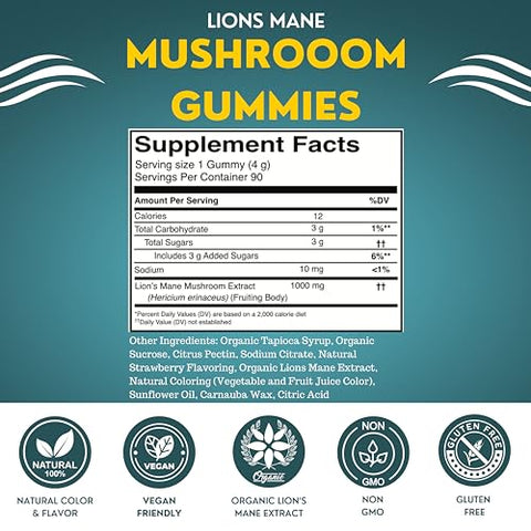 Fundamental Fungi - Gomas de Cogumelo do Leão Orgânico | 90 Porções | Saúde Cerebral, Foco, Clareza