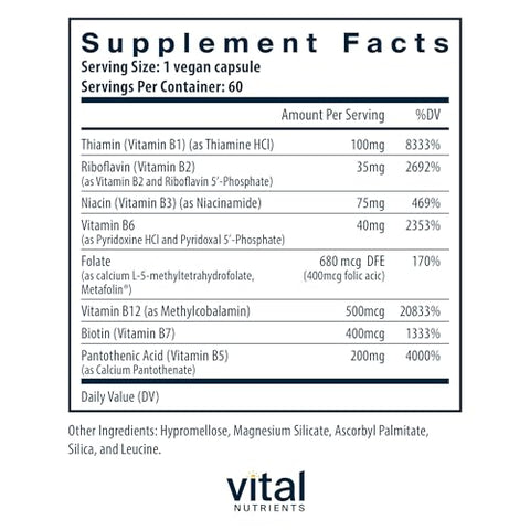 Vitamin B-Complex | Complexo de Vitaminas B Veganas de Alta Potência Metiladas | Suporte às Energias, Metabolismo e Saúde Cardíaca* | Livre de Glúten, Laticínios, Soja - Vital Nutrients