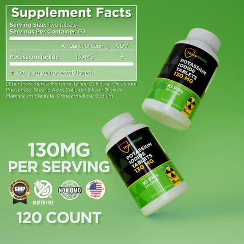 ThyroShield - Comprimidos de Iodeto de Potássio 130 mg | 120 unid. de Comprimidos de Iodo para Exposição à Radiação – Pílulas de Iodeto de Potássio – YODO Naciente – Pílulas de KI – Fabricado nos EUA –