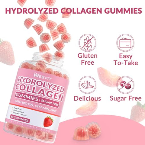 WEEVIT - Gomas de Colágeno Sem Açúcar para Mulheres, 2000mg Tipo I,II,III,V,X de Proteína com 5000mcg de Biotina Vitamina C D B12, Gomas de Peptídeos de Colágeno Hidrolisado para Imunidade Digestão Pele Cabelo