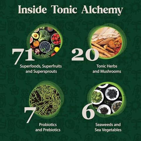 Tonic Alchemy: Pó de Super Alimentos com 91 Ingredientes – Ervas Tônicas, Ashwagandha, Cogumelos, Probióticos, Super Verdes, Algas Marinhas, Frutas, Vegetais, Spirulina – 500g - Dragon Herbs
