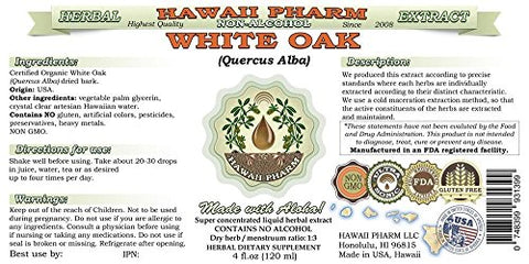 Extrato Líquido de Carvalho Branco Sem Álcool, Casca Seca de Carvalho Branco Orgânico (Quercus Alba) Glicerito de Suplemento Herbal Natural, Hawaii Pharm, EUA 118 ml