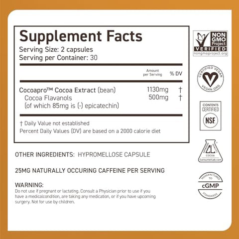 Suplemento de Saúde Cardiovascular, 30 Dias, 500mg Flavanóis de Cacau, Apoio à Saúde do Coração, Aumenta Óxido Nítrico, Circulação Sanguínea, Energia, Vegano, Chocolate Amargo, 60 Cápsulas - CocoaVia