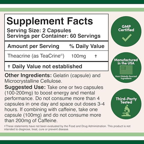 Double Wood Supplements - Theacrine (Teacrine) 100 Mg, 60 Cápsulas – Suplemento Energético e de Foco (Similar a Pílulas de Cafeína, porém Mais Sutil e de Duração Prolongada) Livre de Transgênicos e Glúten por Double Wood
