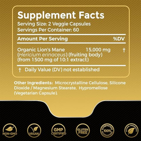 WELLNESS LABSRX - Cápsulas de Leão do Cérebro – 120 Unidades – Suplemento de Cogumelo, Suplemento para Memória e Concentração, Suporte Cognitivo e Imunológico – Foco