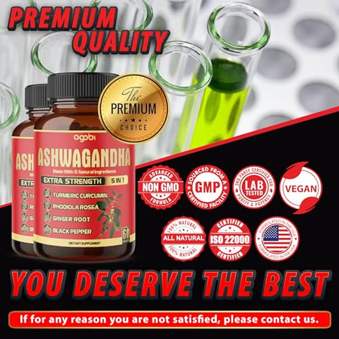 agobi - 2 Pacotes – 60 Cápsulas de Ashwagandha Concentrada – Fórmula 5 em 1 com Ashwagandha, Cúrcuma, Rhodiola Rosea, Gengibre e Pimenta Preta – Suprimento de 4 Meses