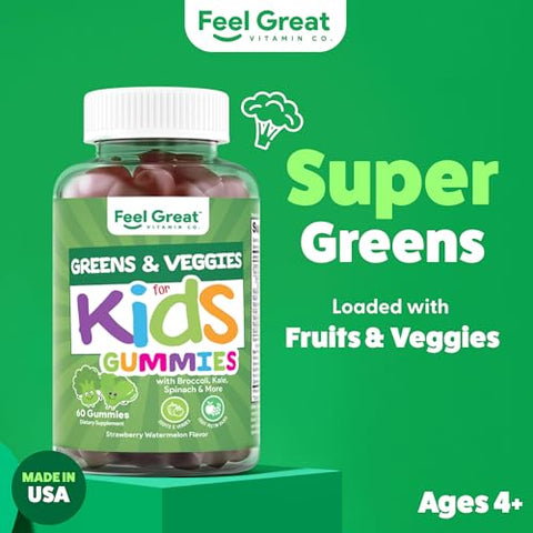 The Feel Great Vitamin Company - Feel Great Super Green Gummies para Crianças | Gomas de Frutas e Vegetais | Multivitamínico Vegano em Goma para Crianças | Suplemento de Fibra Vegetal | 60 Unidades