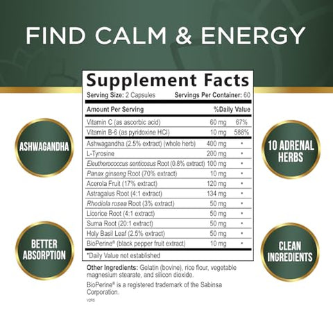Nature's Nutrition - Suplemento de Suporte Adrenal – Fórmula Potente para Energia e Equilíbrio Hormonal