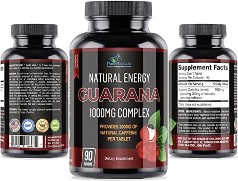 YUMMYVITE - Guarana Natural Energy 1000MG – 200MG de Cafeína Herbal (2 xícaras de café), antioxidantes, Aumenta a Energia, Comprimidos de Cafeína Natural, 90 Comprimidos