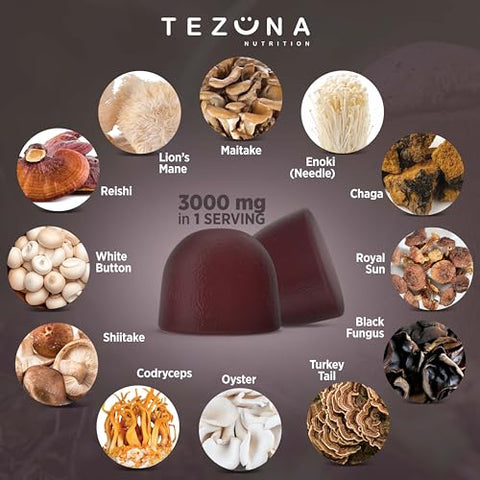 Tezuna Nutrition - Mushroom Gummies 2 Pack – Complexo de 12 em 1, 3000mg – Cogumelo do Leão, Cogumelo do Peru, Reishi, Cordyceps, Extrato de Cogumelos – Suplemento Nootrópico para Memória e Foco