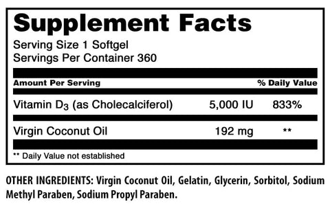 Amazing Nutrition - Amazing Formulas Vitamina D3 em Óleo de Coco | 5000 UI | 360 Softgels | Não-OGM | Sem Glúten | Fabricado nos EUA