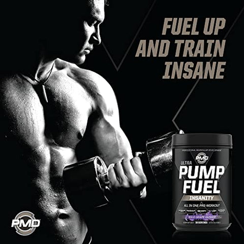Sports Ultra Pump Fuel Insanity – Bebida Pré-Treino para Energia, Força, Resistência, Recuperação – Carboidratos Complexos e Energia Amino – Sabor Uva Selvagem (30 Porções) - PMD