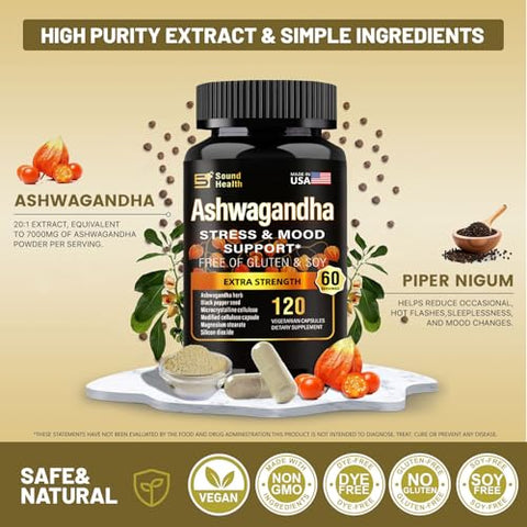 SoundHealth - Ashwagandha Orgânica em Cápsulas – 7000mg de Pó de Erva por Porção – Alívio do Estresse, Suporte Imunológico, Equilíbrio Hormonal – Absorção Aprimorada de Nutrientes – 120 Cápsulas