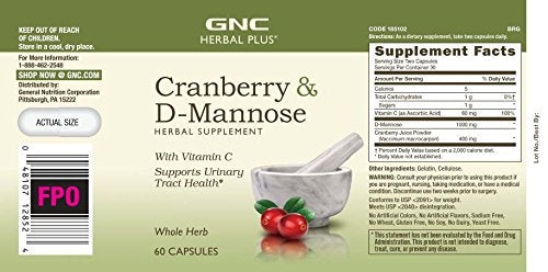 Herbal Plus Cranberry D-Mannose – 60 cápsulas | Saúde Urinária | 100% Natural - GNC