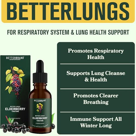 BetterLungs Tintura de Sabugueiro – Suplemento Dietético Natural Sem Açúcar, Não-OGM, Vegetariano para Suporte Imunológico no Inverno (30 Dias) - Betterbrand