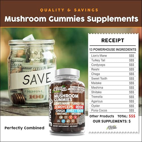 Clean Nutraceuticals - 15in1 Gomas de Cogumelo com Lion’s Mane, Turkey Tail, Cordyceps, Reishi, Chaga, Sweet Toot, Maitake, Meshima, Poria Cocos, Shiitake, Tremella, Oyster e Agaricus para Homens e Mulheres